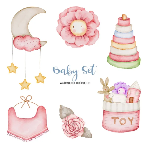 Parçaları ayırın ve güzel kıyafetleri, bebek eşyalarını ve oyuncakları beyaz arkaplanda sulu renk tarzında, suluboya vektör çiziminde bir araya getirin.