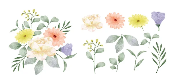 Uppsättning Blommor Målade Med Akvareller Att Åtfölja Olika Kort Och — Stock vektor