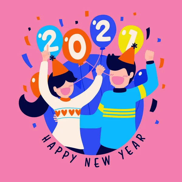 Happy New Year 2021 Party Poster Banner Gift Box Icons — Stock Vector