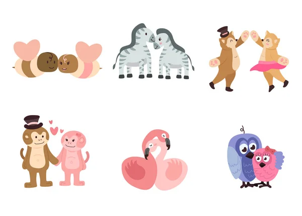 Bundle Cute Dessin Animé Animal Fond Amour Personnages Isolés Plat — Image vectorielle