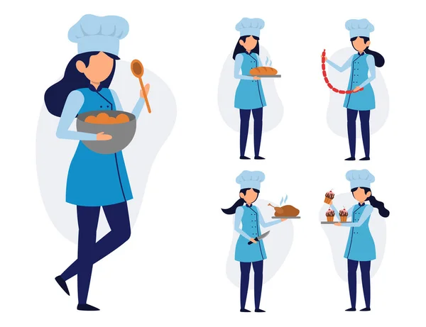 Conjunto Chef Feminino Personagem Desenho Animado Com Diferentes Ações Ilustração — Vetor de Stock