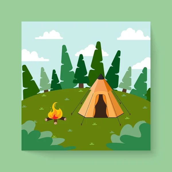 Reisscene Met Kamperen Natuurbos Zomervector — Stockvector