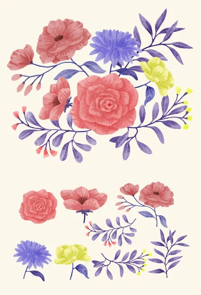 Ensemble Fleurs Peintes Aquarelle Pour Diverses Cartes Cartes Vœux — Image vectorielle