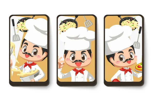 Jeu Carte Chef Homme Ustensiles Cuisine Personnage Dessin Animé Mascotte — Image vectorielle