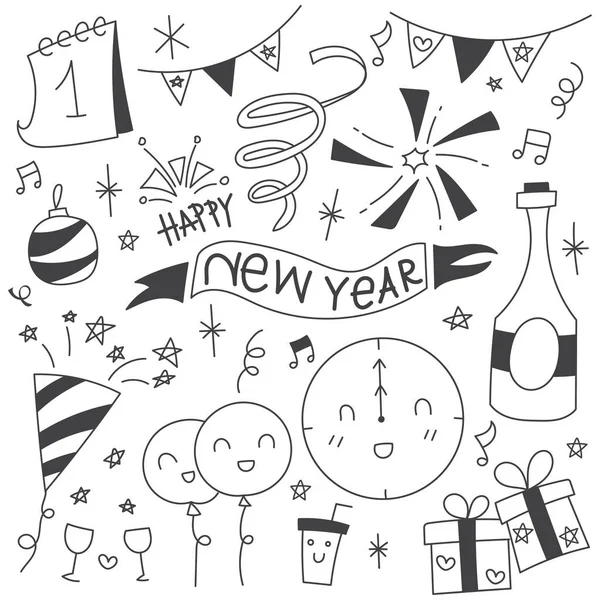 New Year Doodle Gift Box Cupcake Wine Candle Cake Bird — Stock Vector