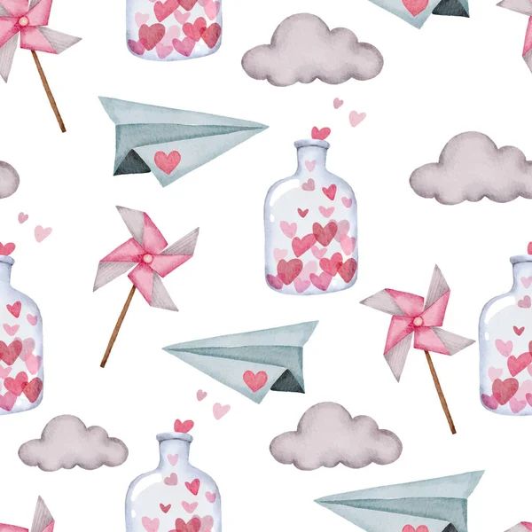 Walentynki Bezproblemowy Wzór Papierową Płaszczyzną Chmurą Butelką Idealny Tapety Tło — Wektor stockowy