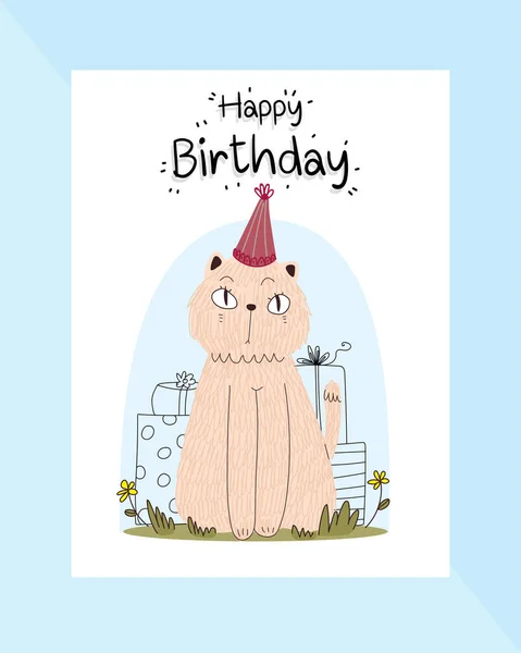 Tarjeta Cumpleaños Decorada Con Gatos Sentados Hierba — Vector de stock