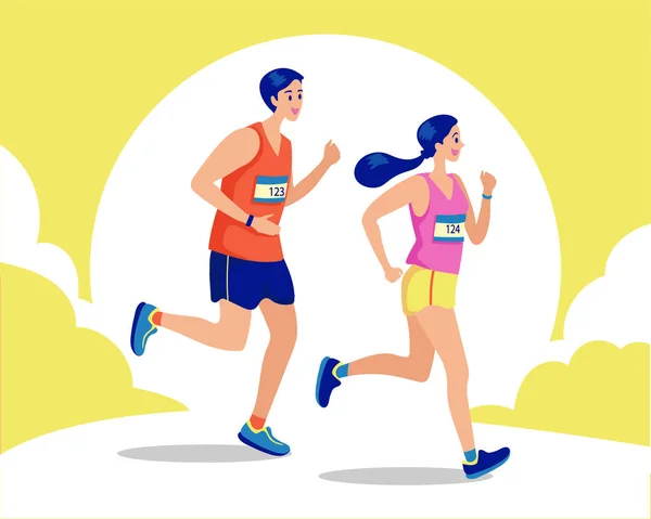 Pareja Corriendo Concepto Consciente Salud Mujer Deportiva Hombre Corriendo Ilustración — Archivo Imágenes Vectoriales