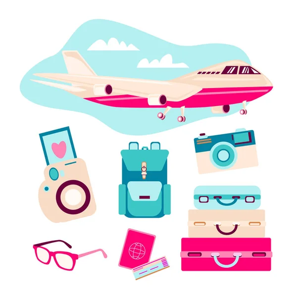 Travel Objects Drawing Collection Airplane Backpack Suitcase Camera Sunglasses Passport — Stock Vector