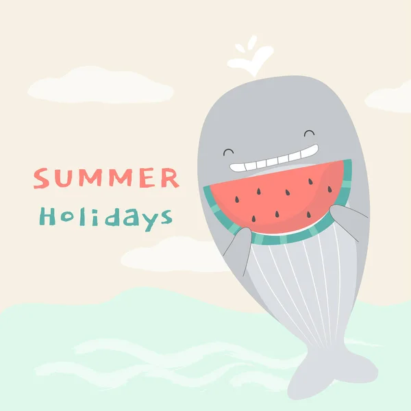 Niedlichen Wal Hält Wassermelone Und Lächelt Meer Mit Glücklichen Handgezeichneten — Stockvektor