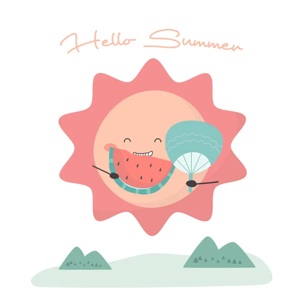 Happy Sun Cartoon Character Eating Watermelon Holding Folding Fan Summer — Stockový vektor