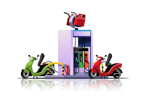 Powerful Motorcycle Filling Fuel Oil Station Transport Cartoon Style Flat — 图库矢量图片