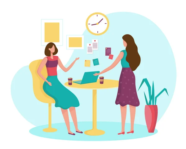 Duas Mulheres Reunindo Sala Reuniões Com Computador Portátil Desenho Ilustração — Vetor de Stock