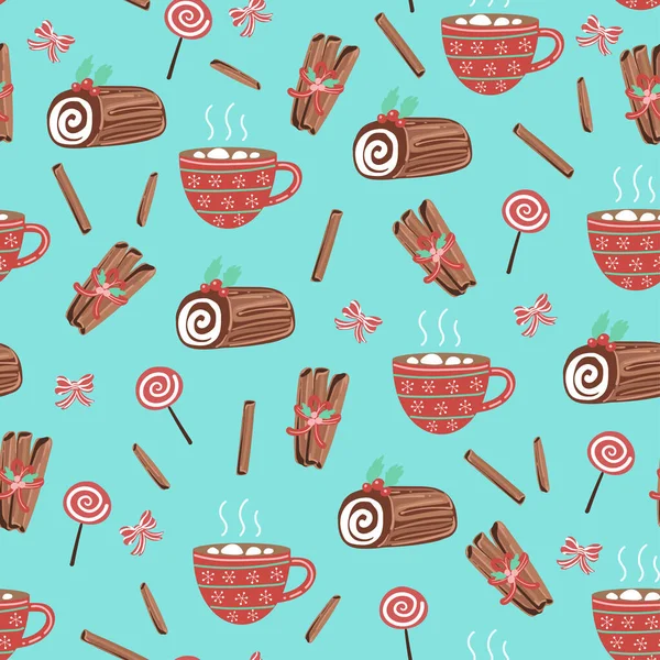 Seamless pattern background with Timber, candy and Coffee cup.