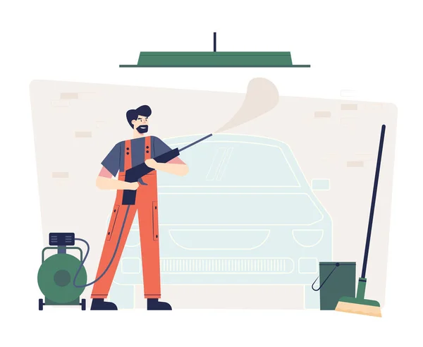 洗车矢量图解 一个男人用高压水泵用肥皂和水洗车 矢量插图平面设计 — 图库矢量图片