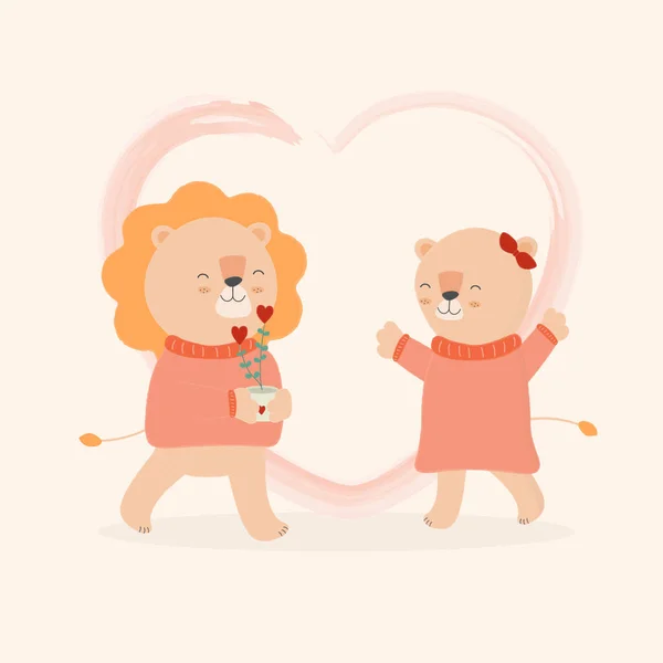 ライオンとライオンの愛のベクトルイラスト 漫画のフラットかわいい幸せなライオンのカップルの花をお互いに立っている バレンタインデーお祝いカード — ストックベクタ