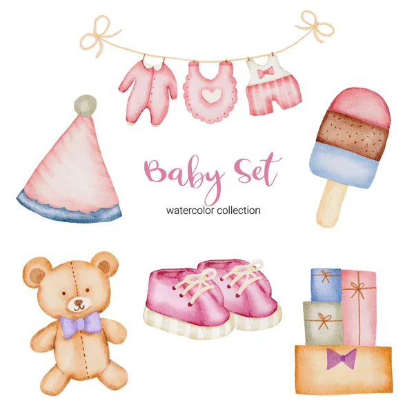 Parçaları ayırın ve güzel kıyafetleri, bebek eşyalarını ve oyuncakları beyaz arkaplanda sulu renk tarzında, suluboya vektör çiziminde bir araya getirin.