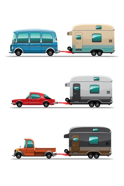 Bündel Von Campinganhängern Reisemobilen Oder Wohnwagen Weißer Hintergrund Vector Illustration — Stockvektor
