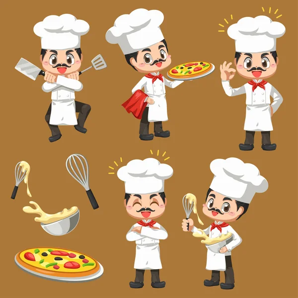 Set Chef Man Making Bakery Cartoon Character Mascot Vector Illustration — Stock Vector