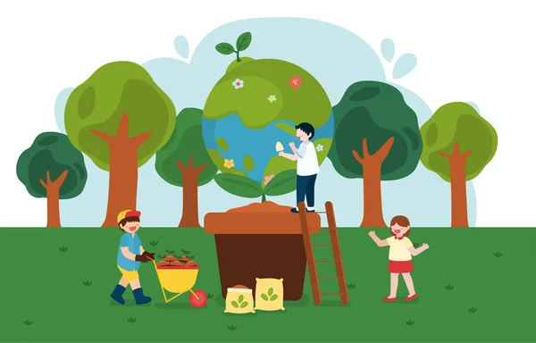 Los Niños Ayudan Plantar Árboles Día Feliz Tierra Personaje Dibujos — Vector de stock