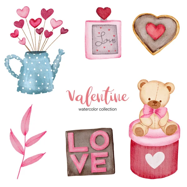 Valentinstag Set Elemente Geschenke Teddy Blätter Und Vieles Mehr Stickervorlage — Stockvektor