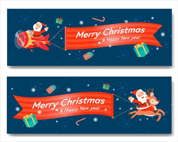 Merry Christmas Santa Plane Banner Santa Claus Riding Reindeer — Stock Vector