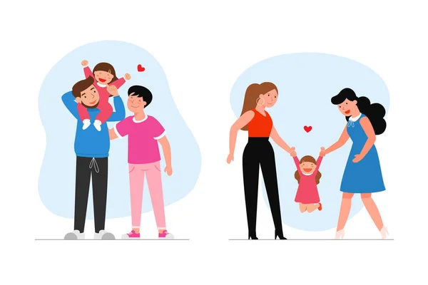 Feliz Familia Lésbica Con Niño Pareja Gay Una Pareja Leasbiana — Vector de stock