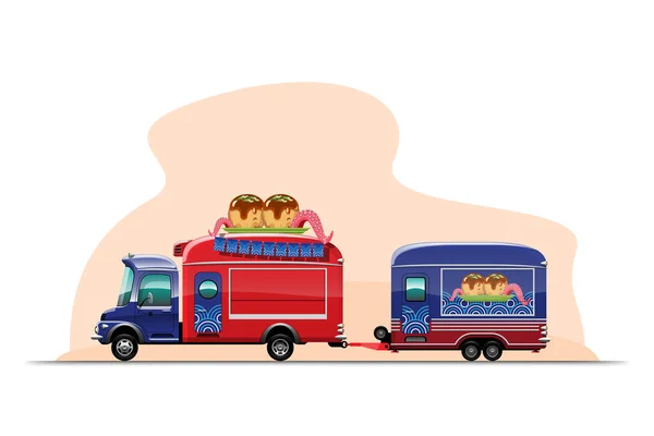 Anhänger Food Truck Mit Takoyaki Shop Japanischer Imbiss Modell Oben — Stockvektor