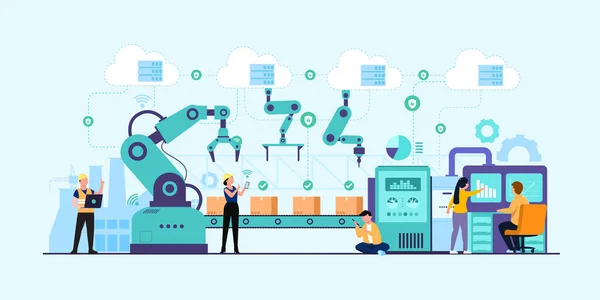 Indústria Com Programador Trabalhador Humano Braço Robótico Revolução Industrial Inteligente — Vetor de Stock