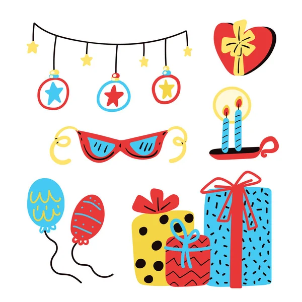 Big Bundle Isolated Vector Elements Birthday Party Decoration Calibration Flat — Stock Vector