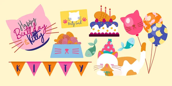Happy Birthday Adorable Cats Bowl Full Food Cat Wearing Party — 图库矢量图片