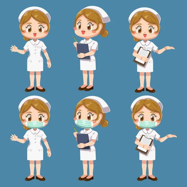 Uppsättning Glad Kvinna Sjuksköterska Uniform Med Olika Agerar Tecknad Karaktär — Stock vektor