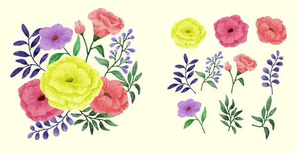 Conjunto Flores Pintadas Aquarela Para Vários Cartões Cartões Saudação —  Vetores de Stock