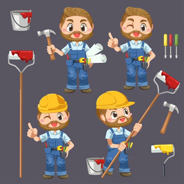 Arbeiter Uniform Und Helm Mit Hammer Und Farbe Zeichentrickfigur Isolierte — Stockvektor