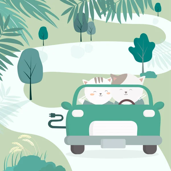 Katze Fahren Öko Auto Für Umweltfreundlichen Transport Cartoon Figur Handgezeichnet — Stockvektor