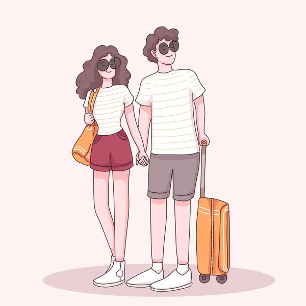 Young Traveler Couple Wear Sunglasses Standing Suitcase Hand Hand Travel — Stock Vector