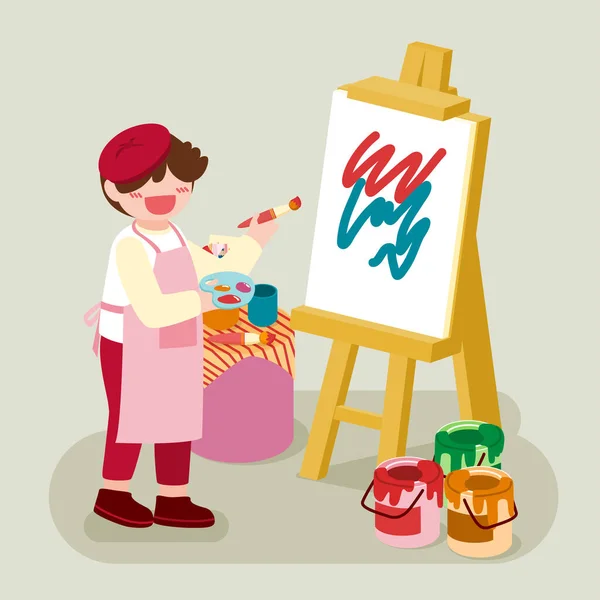 Ζωγράφος Αγόρι Κρατώντας Παλέτα Χρωμάτων Και Χρησιμοποιήσετε Πινέλο Για Ζωγραφική — Διανυσματικό Αρχείο