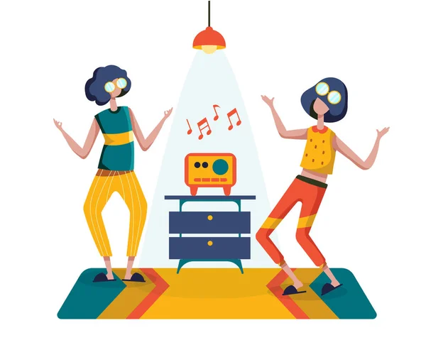 Two Young Girls Practiced Dancing School Listening Music Radio Vector — Image vectorielle