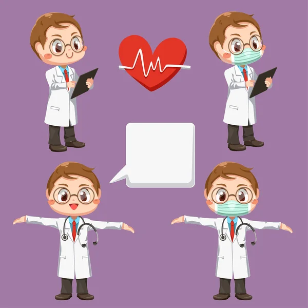 Set Doctor Stethoscope Heart Wave Cartoon Character Isolated Flat Vector — Image vectorielle