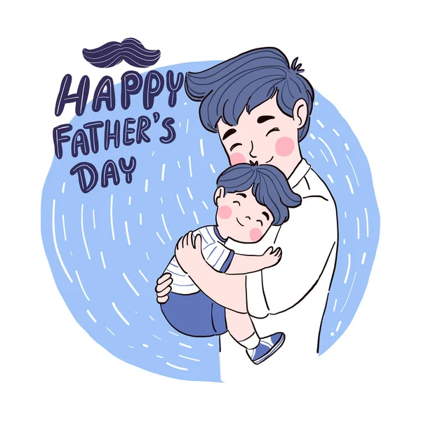 幸せな父の日父は胸の近くに息子を保持しています 父親と息子は青い背景に隔離されたTシャツを着ています ベクトル平図 — ストックベクタ