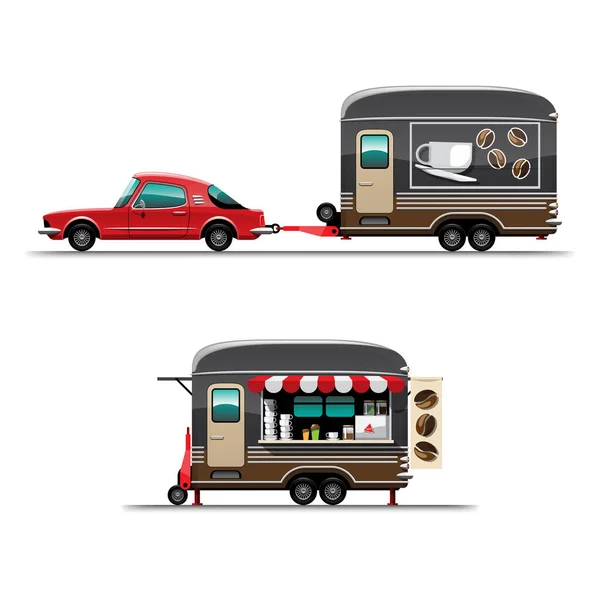 Set Trailer Food Truck Coffee Shop Large Banner Flag Side — Image vectorielle