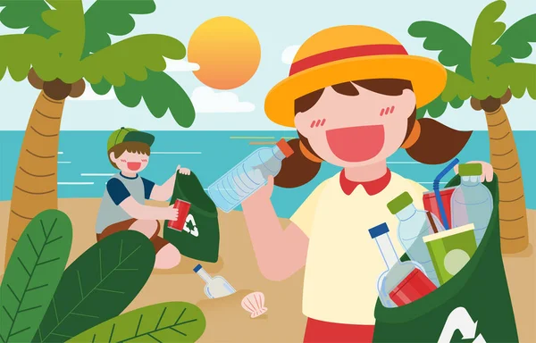 孩子们在海滩上的垃圾箱里用卡通人物 扁平的矢量图来帮助收集塑料瓶 以度过快乐的地球日 — 图库矢量图片