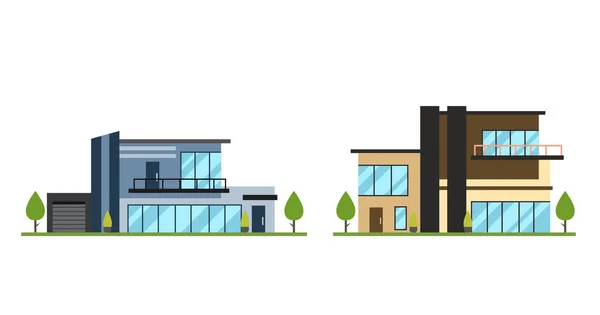 Set Von Haus Vor Cartoon Verschiedenen Stilen Wohnhäuser Fassade Mehrfamilienhaus — Stockvektor