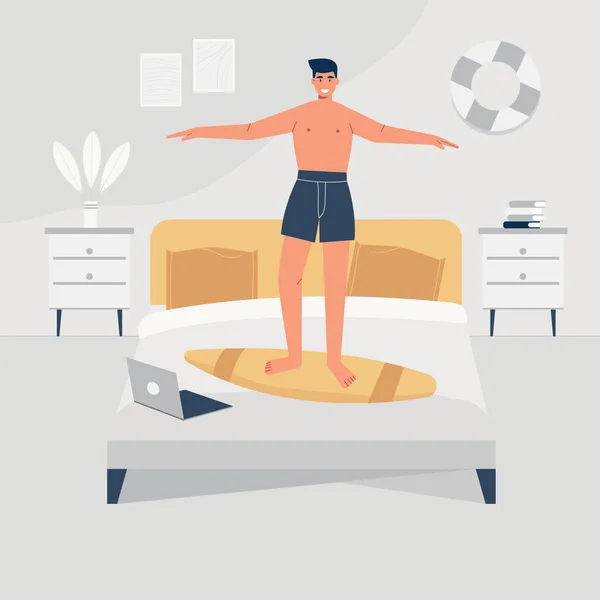 Hombre Está Bailando Feliz Cama Vector Plano Ilustración Hombre Dentro — Vector de stock