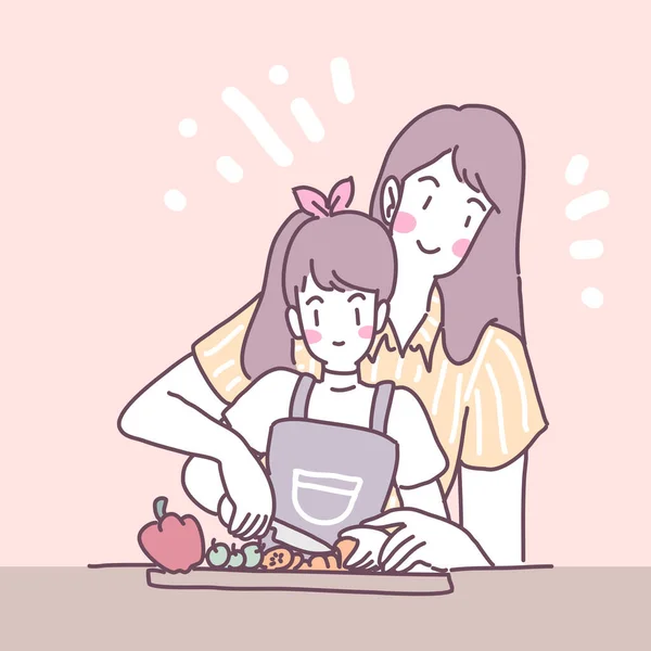 一个在厨房里做饭的女孩的矢量平面插图 — 图库矢量图片