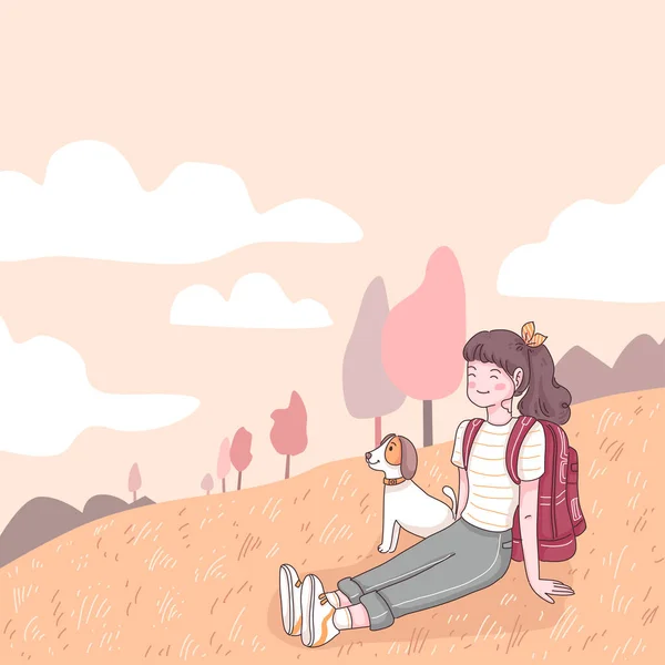 Happy Teenage Backpacker Sitting Meadow Her Dog Travel Cartoon Character — 图库矢量图片