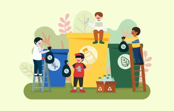 Children Sorting Out Waste World Reuse Help Reduce Global Warming — Stock Vector