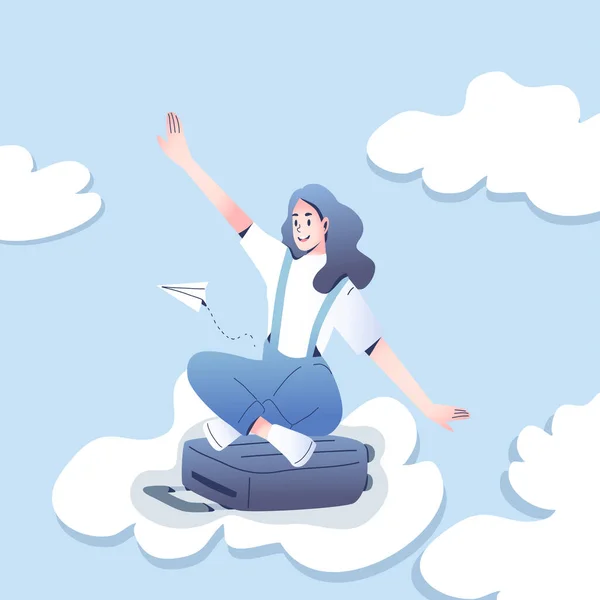 Resumen Alegre Adolescente Volando Con Avión Como Sentado Una Nube — Archivo Imágenes Vectoriales