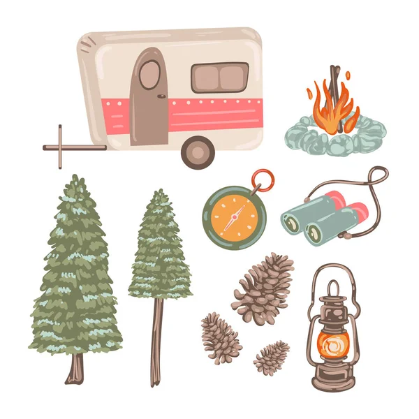 Set Adventure Travel Recreational Vehicle Camping Cartoon Icons Set Collection — Image vectorielle