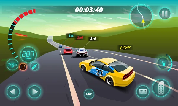 Competencia Juegos Continuar Jugador Utiliza Coche Alta Velocidad Para Ganar — Vector de stock